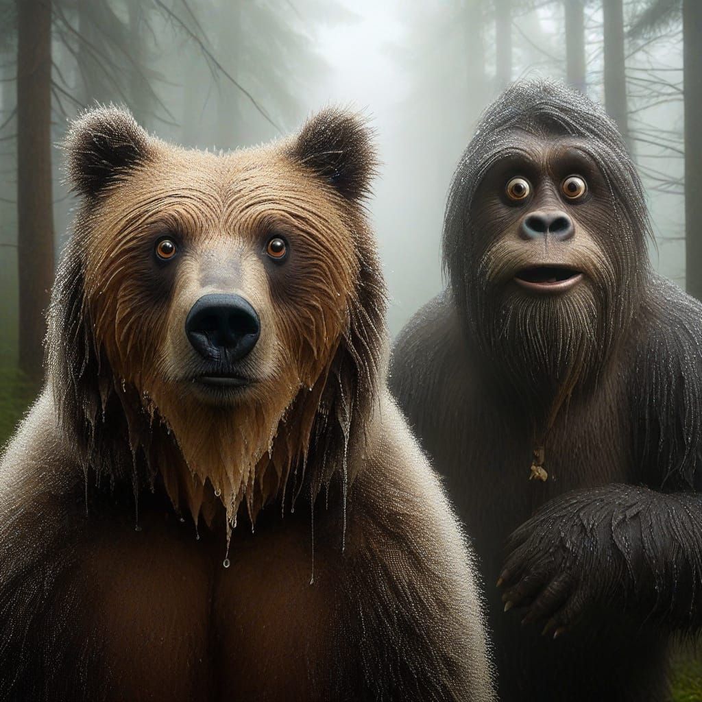 Excited Grizzly Bear Sees Sasquatch in Dewy Forest