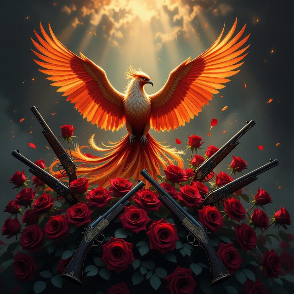 Phoenix Rising From Roses With Ornate Pistols