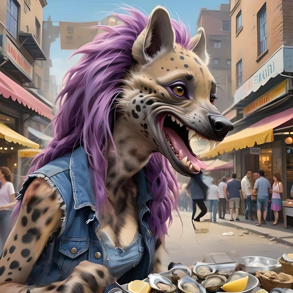 Anthropomorphic Hyena Enjoys Oysters in Bustling Market