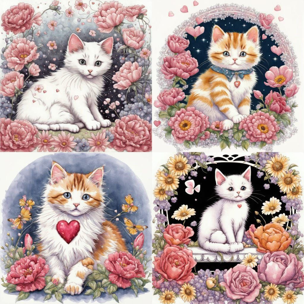 Cat on Pillow with Flowers in Gothic Fantasy Style