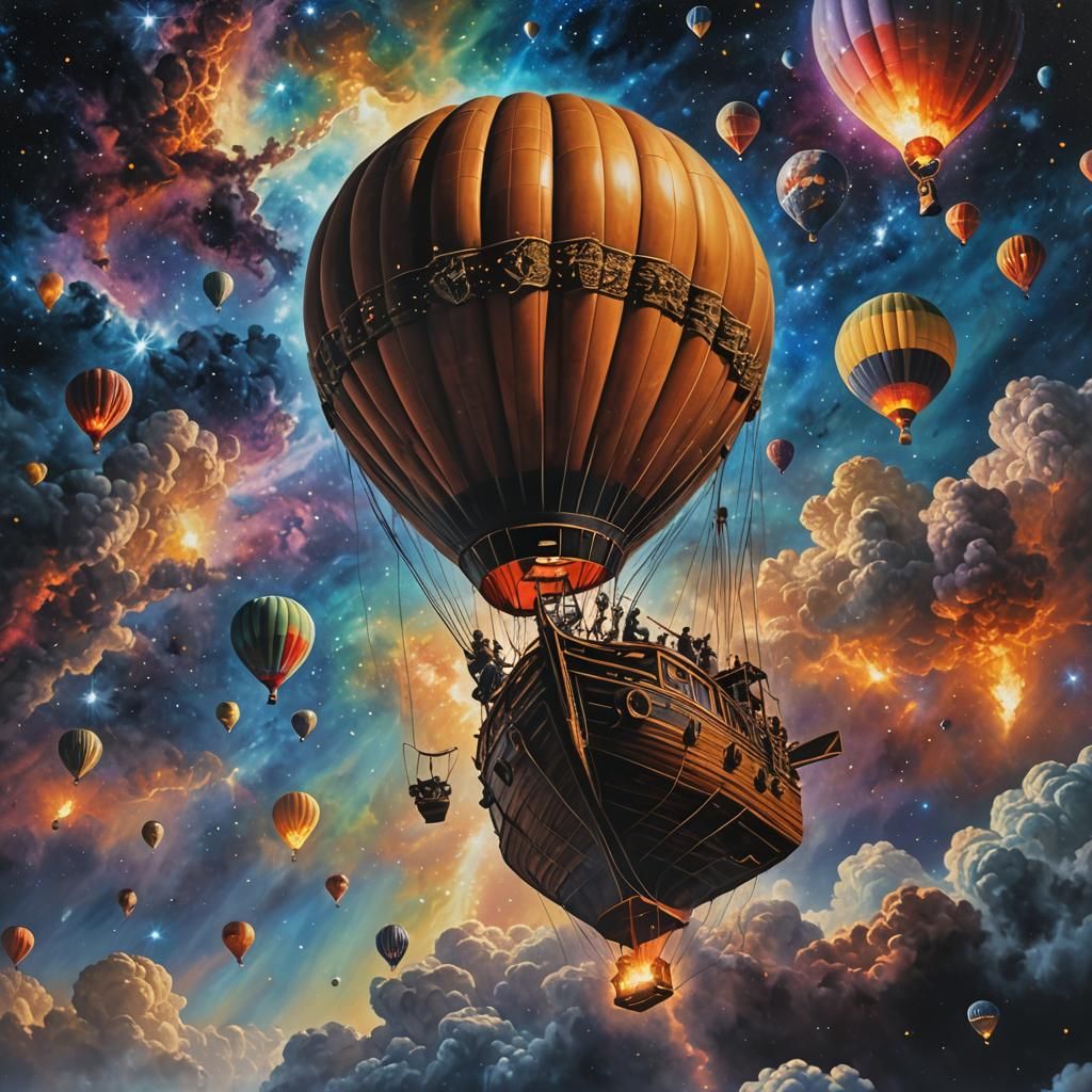 Boat Balloon Navigates Galaxy in Hyperrealistic Painting