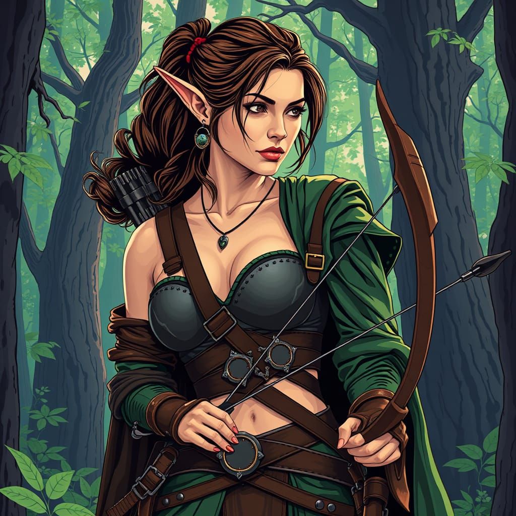 Elven Ranger in Forest, Pop Art Style