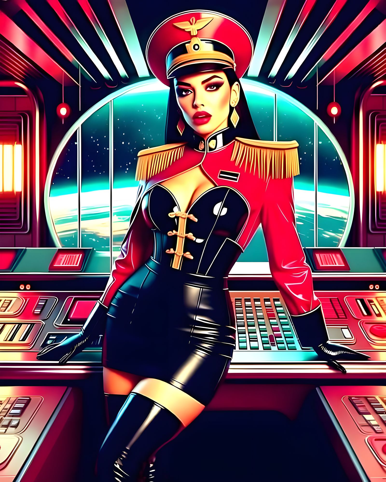 Vintage Sci-Fi Officer in Latex Uniform on Spaceship