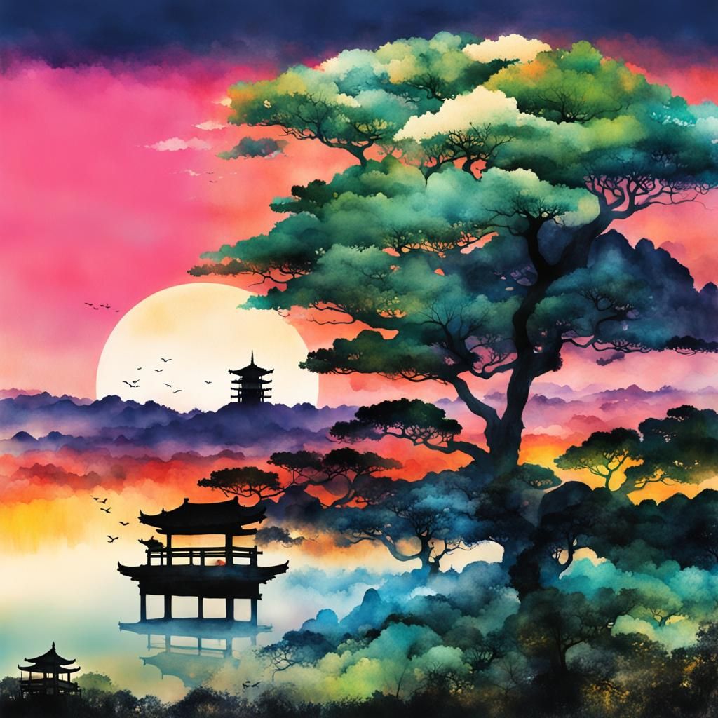 Japanese Landscape with Shadow Figure in Watercolor Style