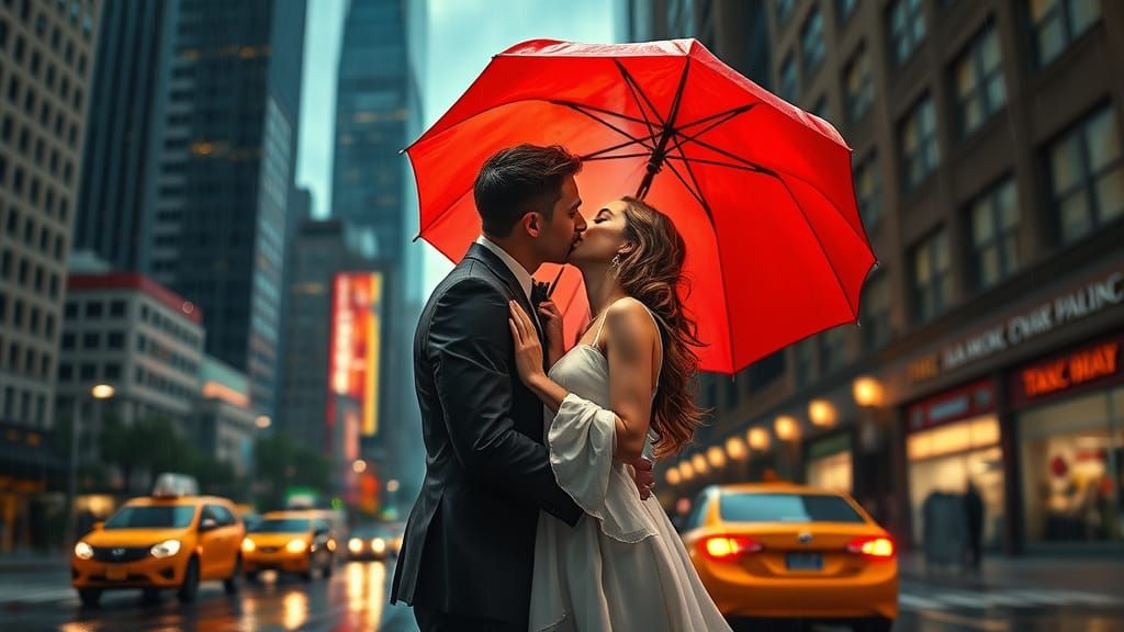 Romantic Couple Under Red Umbrella in City Rain