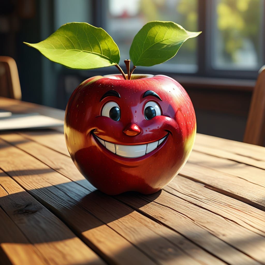 Joyful Cartoon Apple Portrait in Whimsical Style