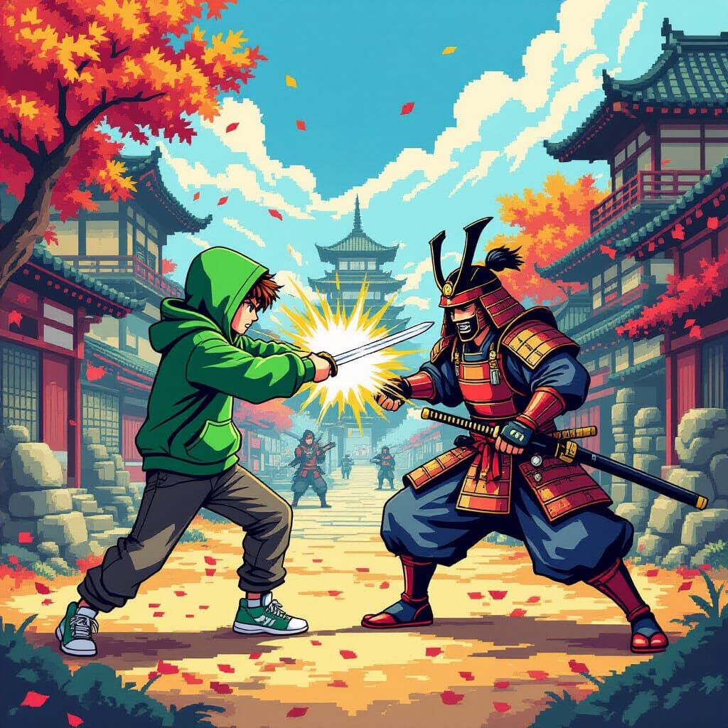 Teenager Battling Samurai in 16-bit Pixel Art