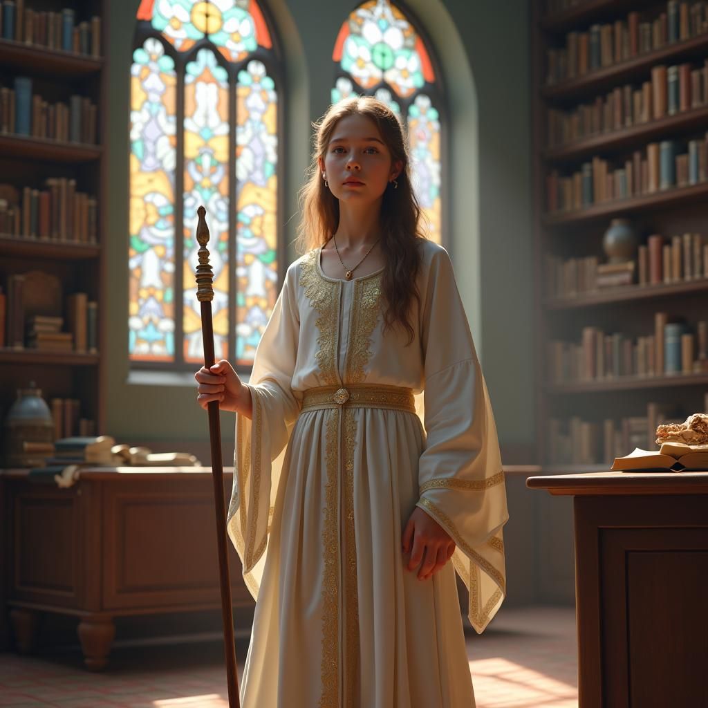 Magical Academy: Girl with Wand in Mystical Classroom