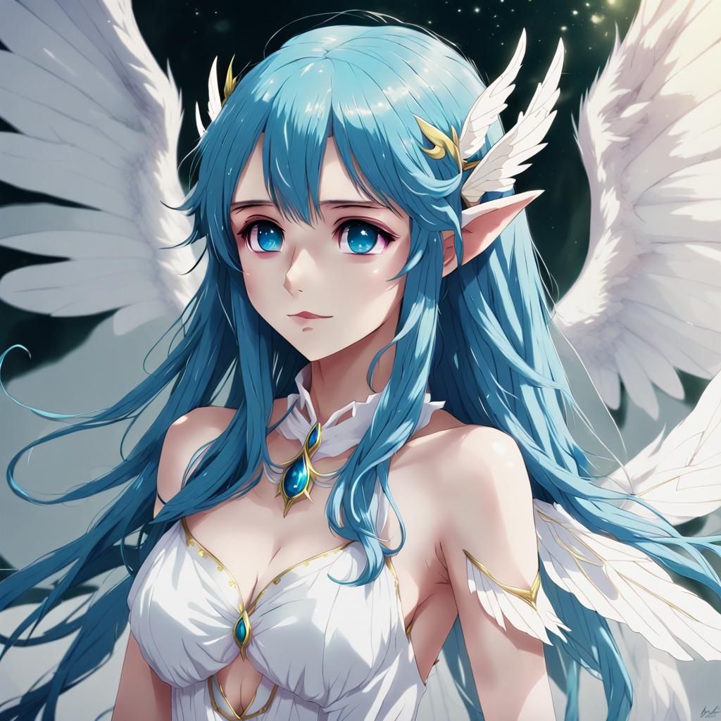 Anime Style: Blue-Haired Elf with Wings