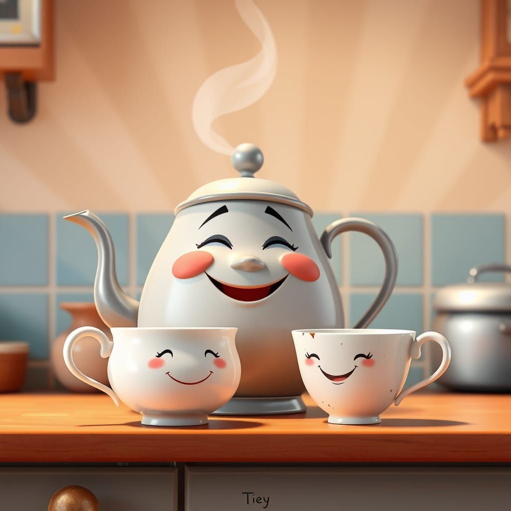 Whimsical Teapot and Teacup on Kitchen Counter in Storybook ...