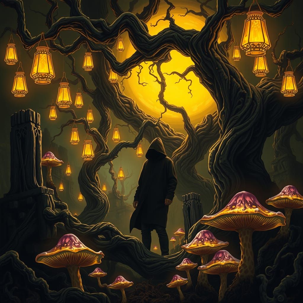 Eerie Underworld Realm with Lanterns and Mushrooms