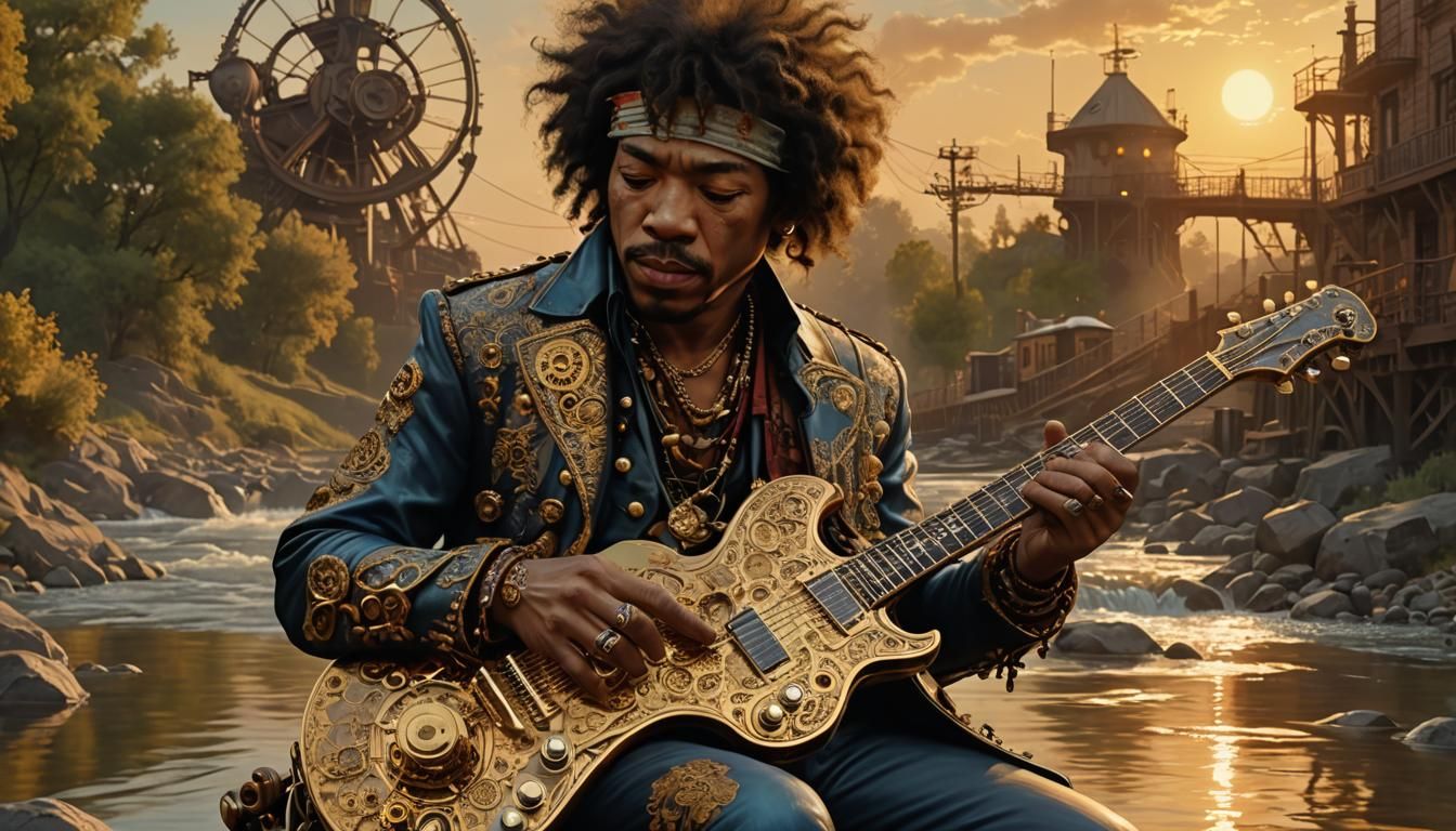 Jimi Hendrix Plays Steampunk Guitar by River: Digital Art