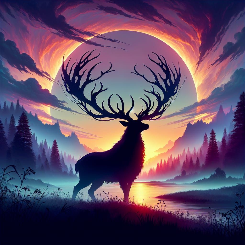 Mystical Deer Silhouette at Misty Lake Sunset