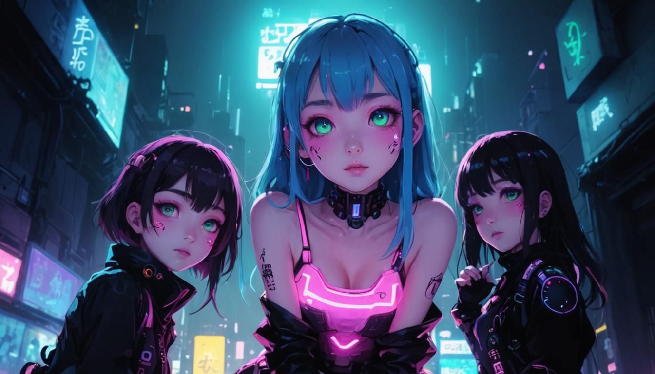 Kawaii Neon Anime Woman in Cyberpunk Style
