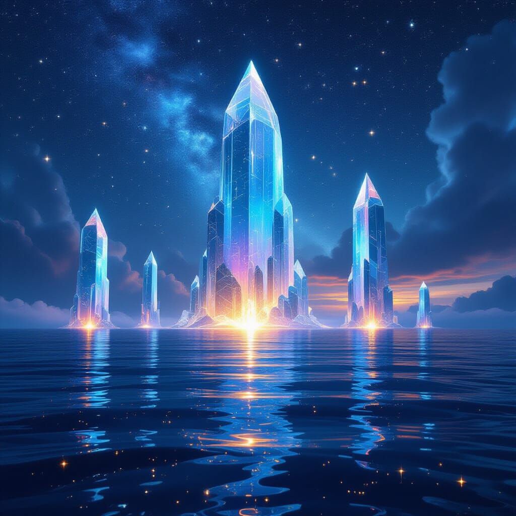 Crystalline Temples Drift Over Midnight Ocean Under Constell...