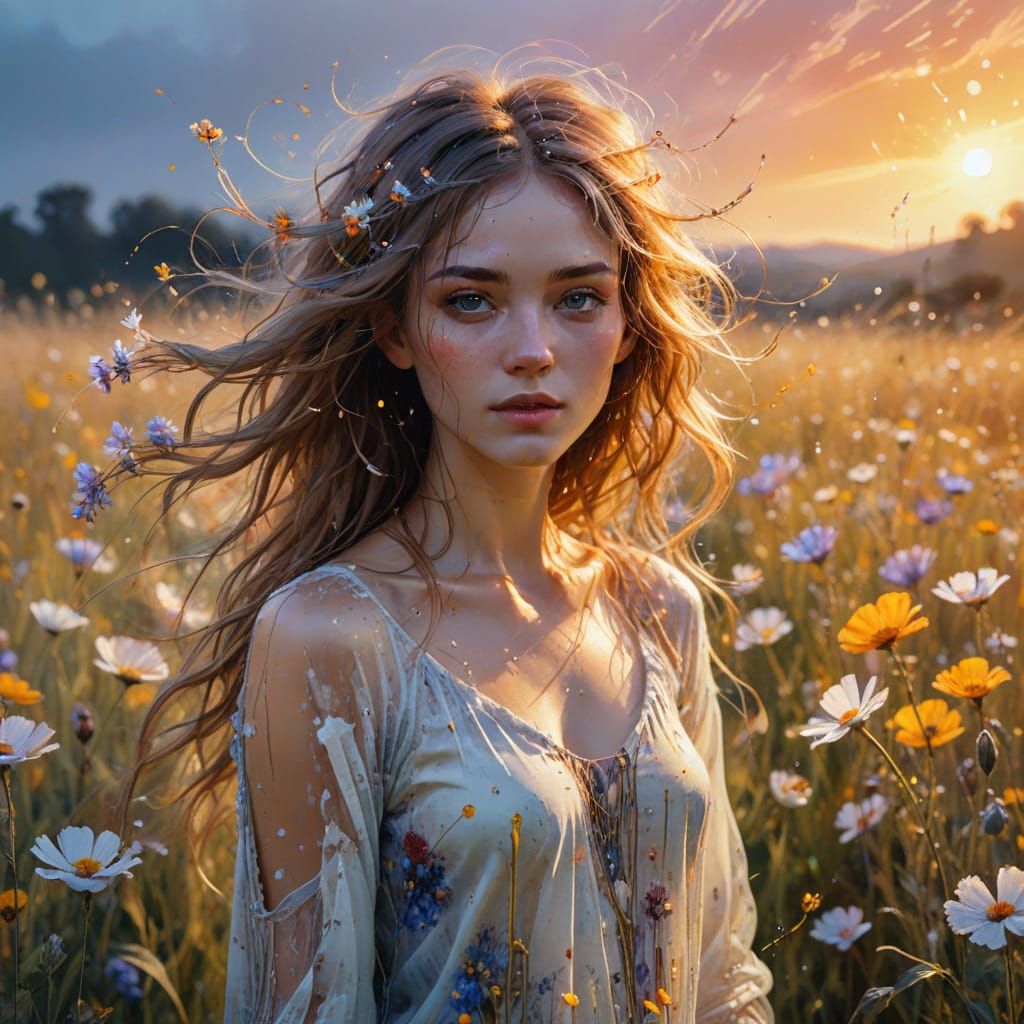Ethereal Girl in Flower Field, Luminous Watercolor Style