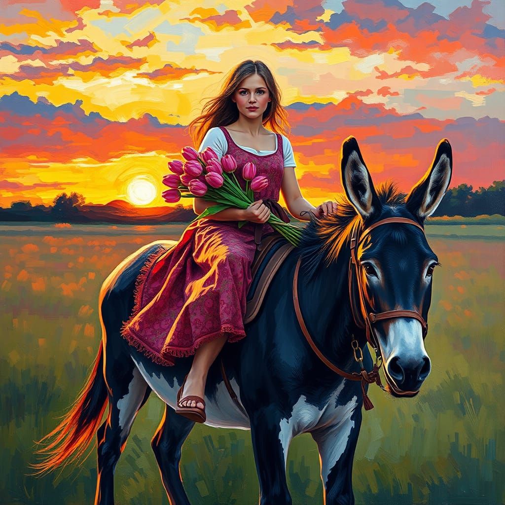 Girl on Donkey at Sunset: Expressionist Impasto Painting