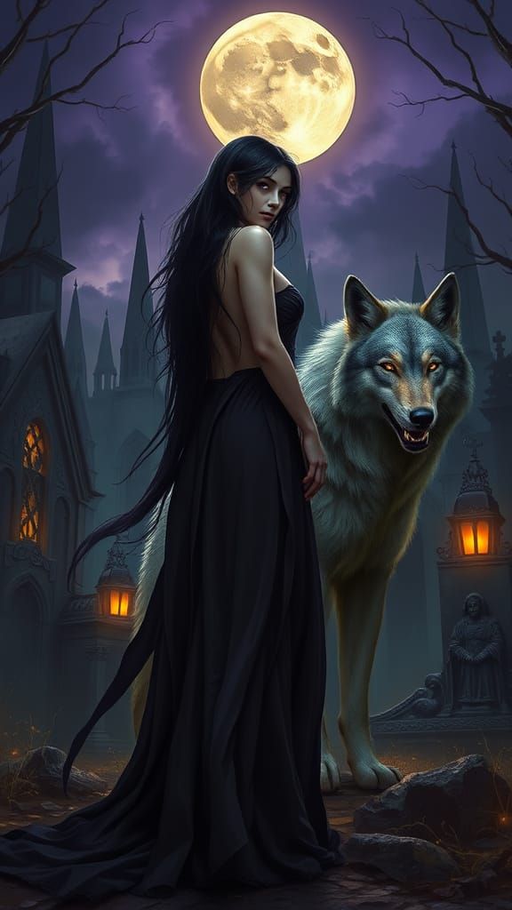 Ethereal Vampire Lady in Ancient Cemetery under Full Moon