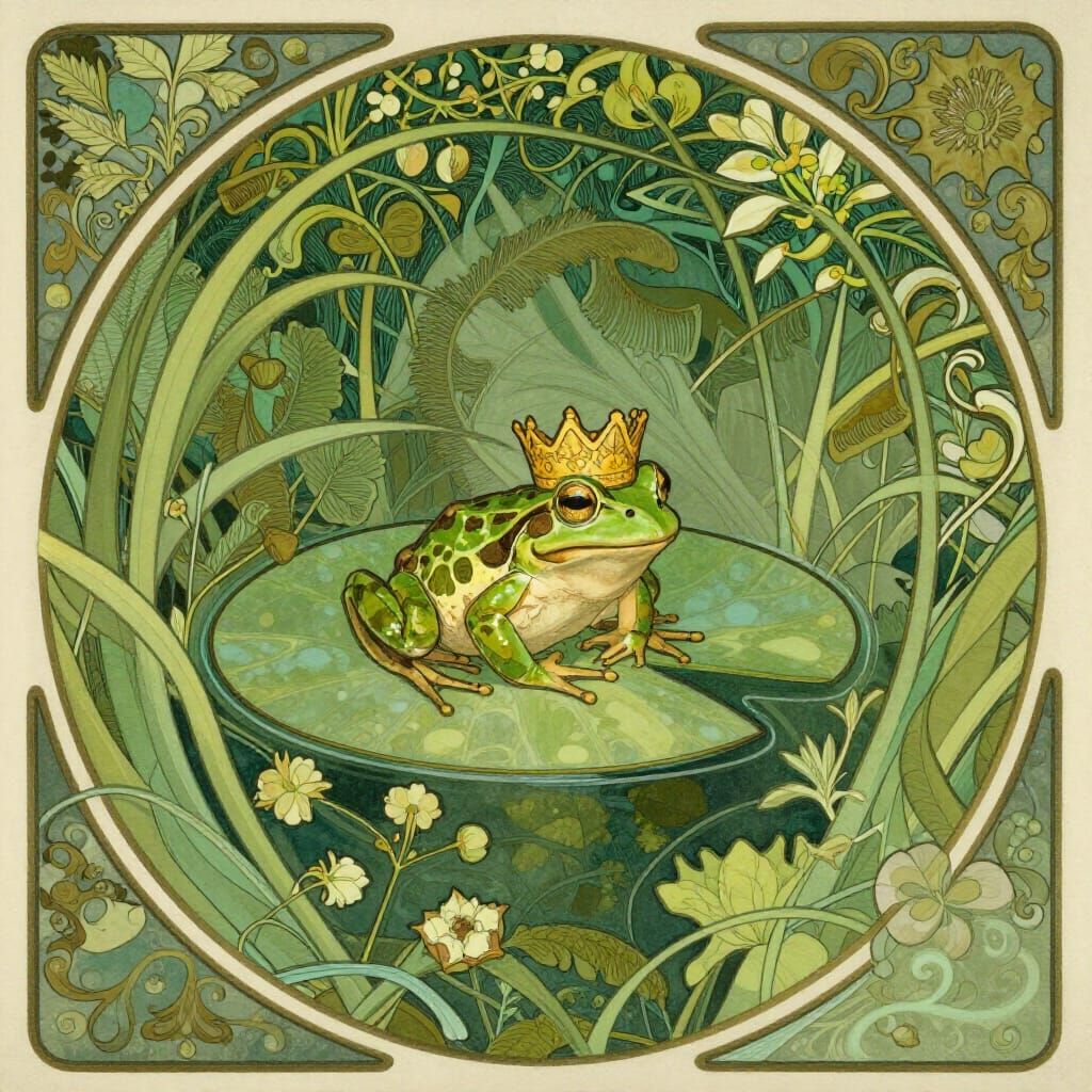 Art Nouveau Frog Prince with Gold Crown Illustration