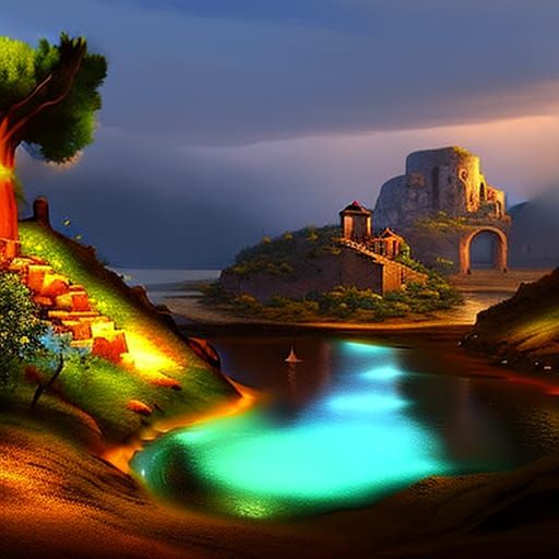Island Village: Gothic River Landscape in Digital Painting