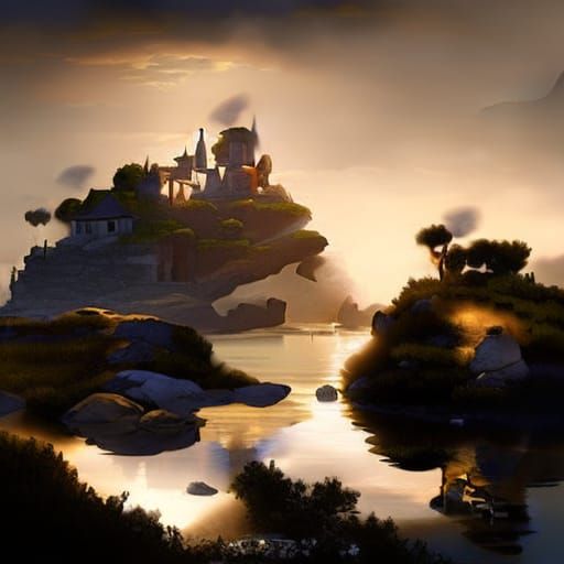 Gothic River Island Landscape in Atmospheric Digital Paintin...