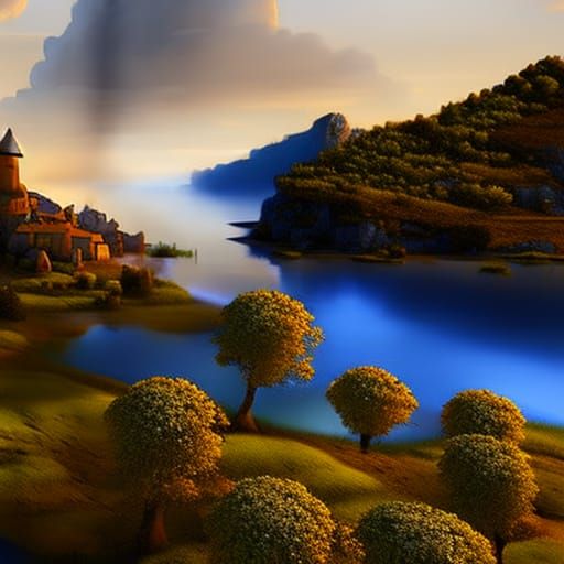 Gothic Island River Landscape in Digital Painting Style
