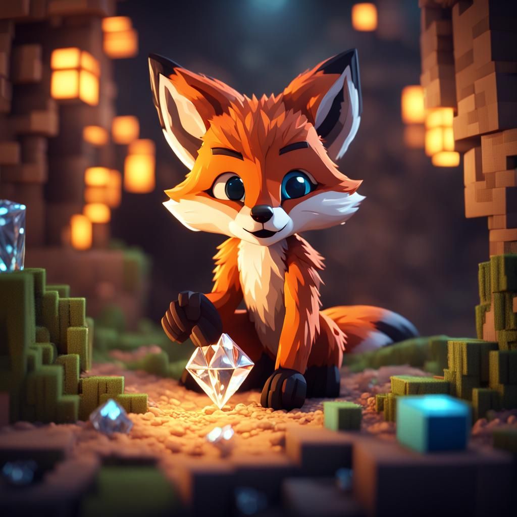 Fox Cub's Excitement Playing Minecraft: Fantasy Concept Art