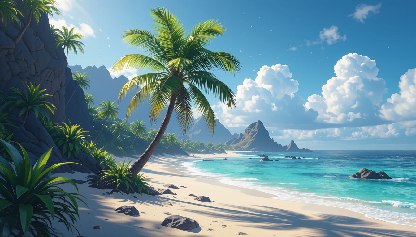 Sunspike Palm on Volcanic Beach: Dark Fantasy Art