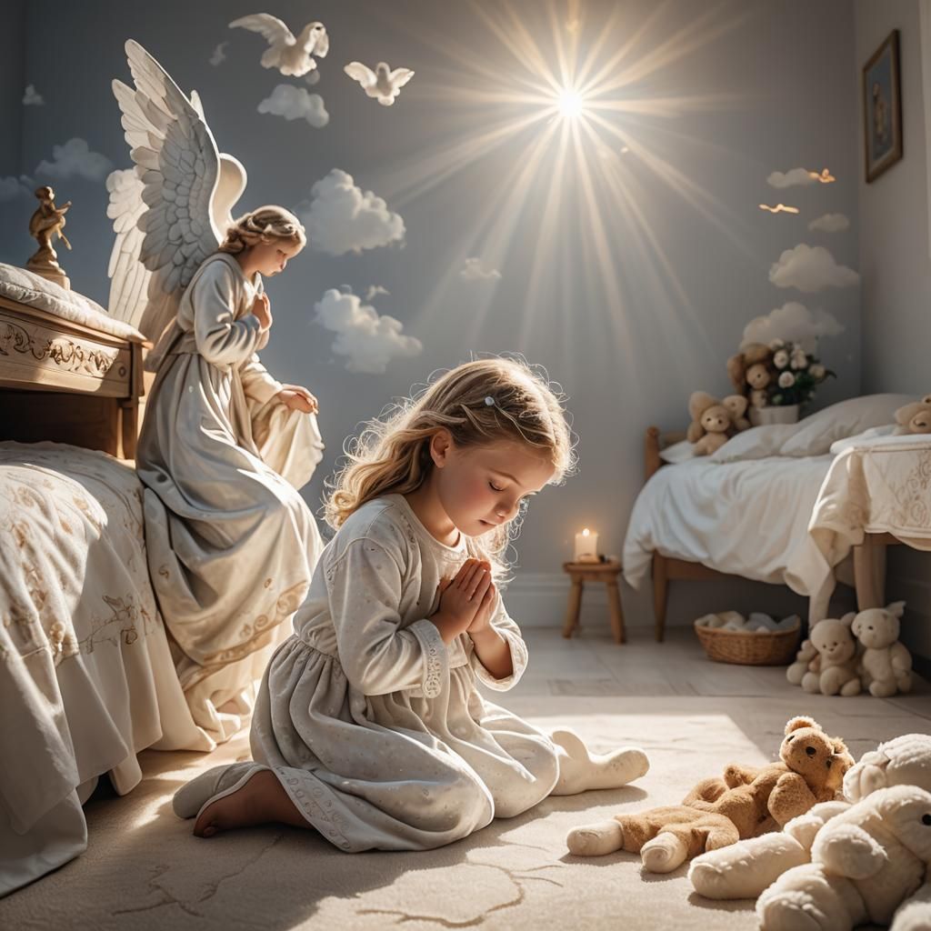 Child Praying with Guardian Angel in Heaven