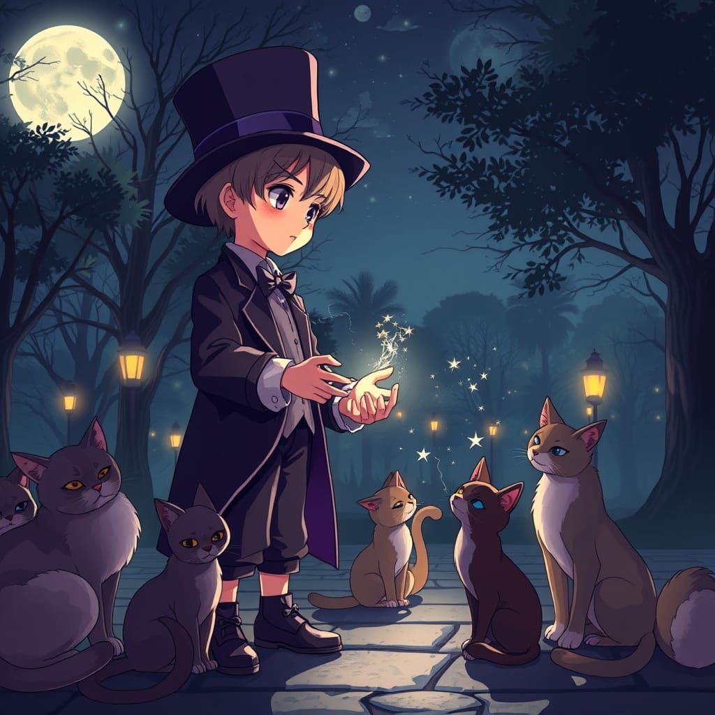 Steampunk Magic Show in a Moonlit Park