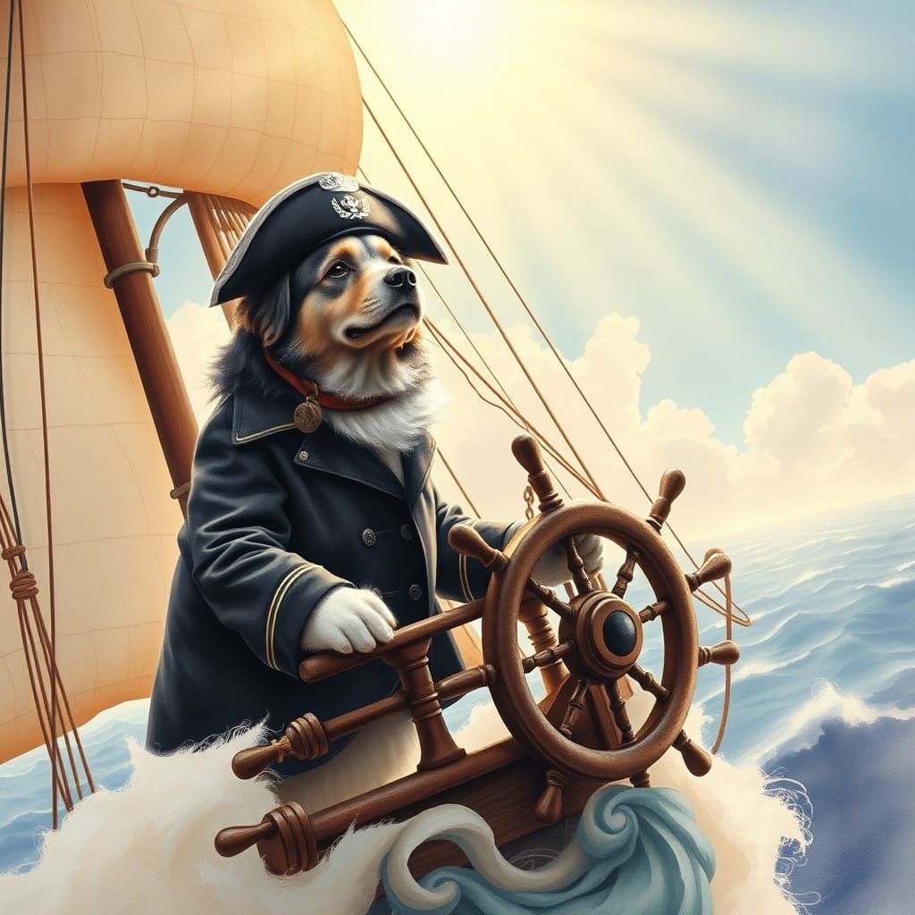 Majestic Captain Dog Anchors at Vintage Sailing Ship's Helm....
