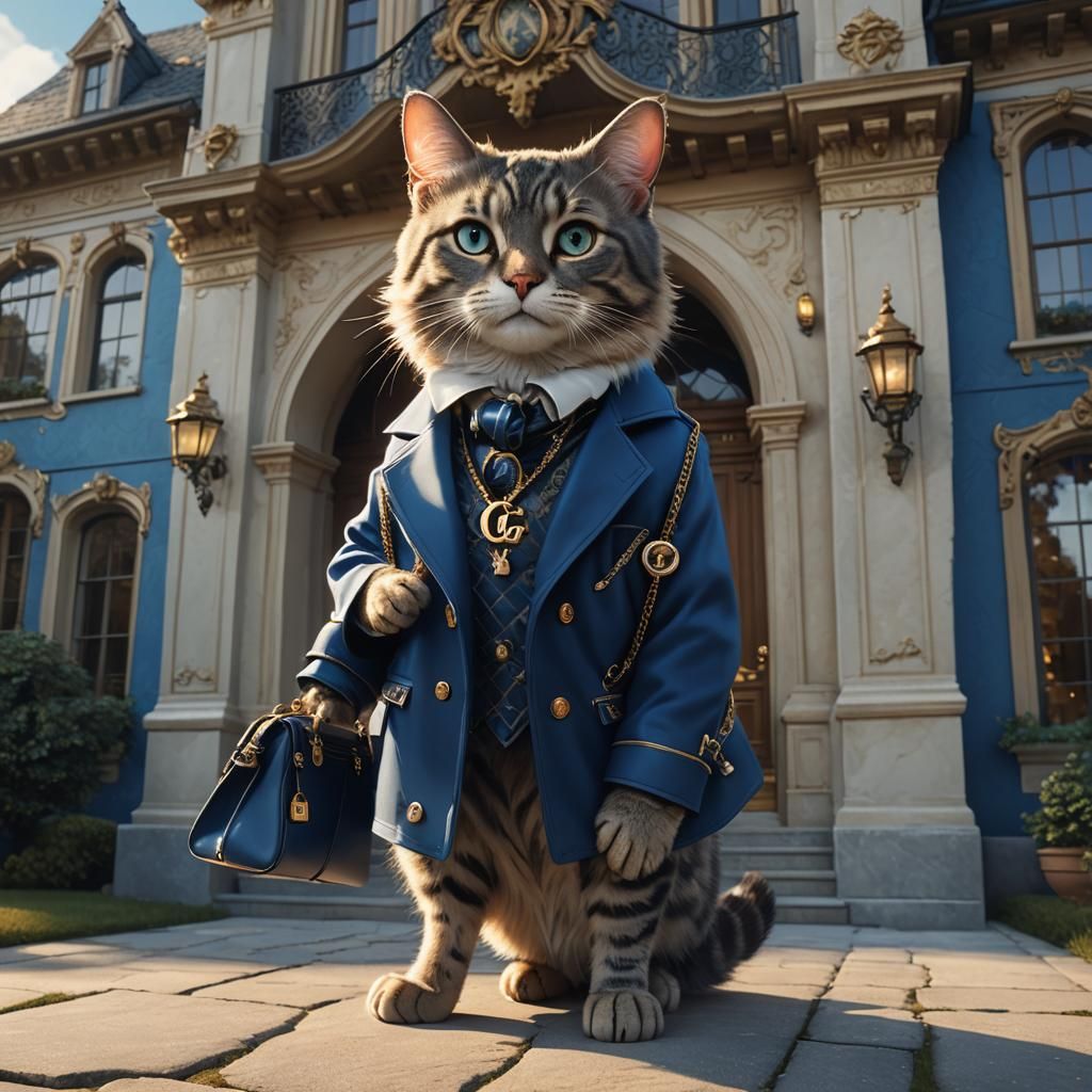 Blue Cat with Gucci Bag in Opulent Mansion