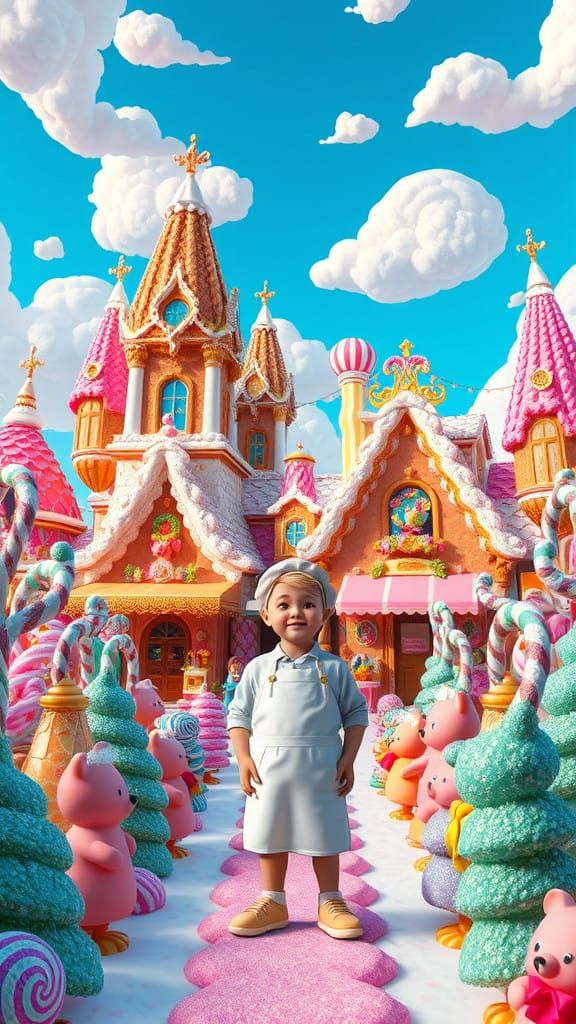 Whimsical Candy Village with Gingerbread Houses and Chocolat...
