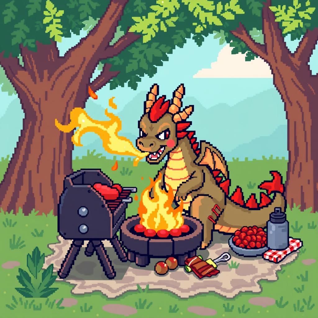 Chibi Dragon BBQ Picnic in 16-Bit Pixel Art