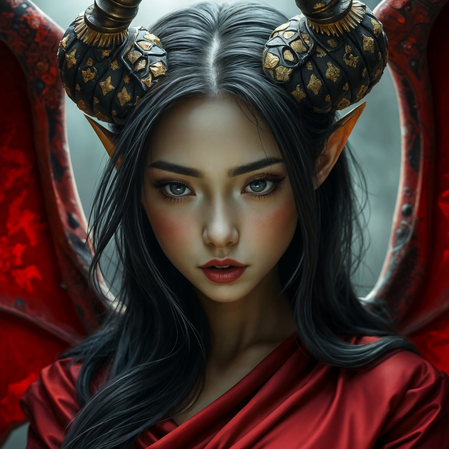 Ethereal Gothic Goddess with Red Fabrics and Gold Horns