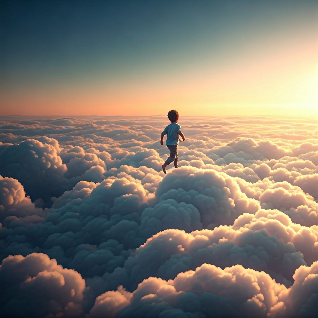 Boy Runs on Clouds in Dreamy, Hyper-Realistic Scene