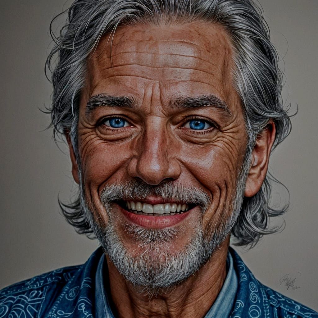 Detailed Pen and Ink Drawing of Smiling Silver-Haired Man