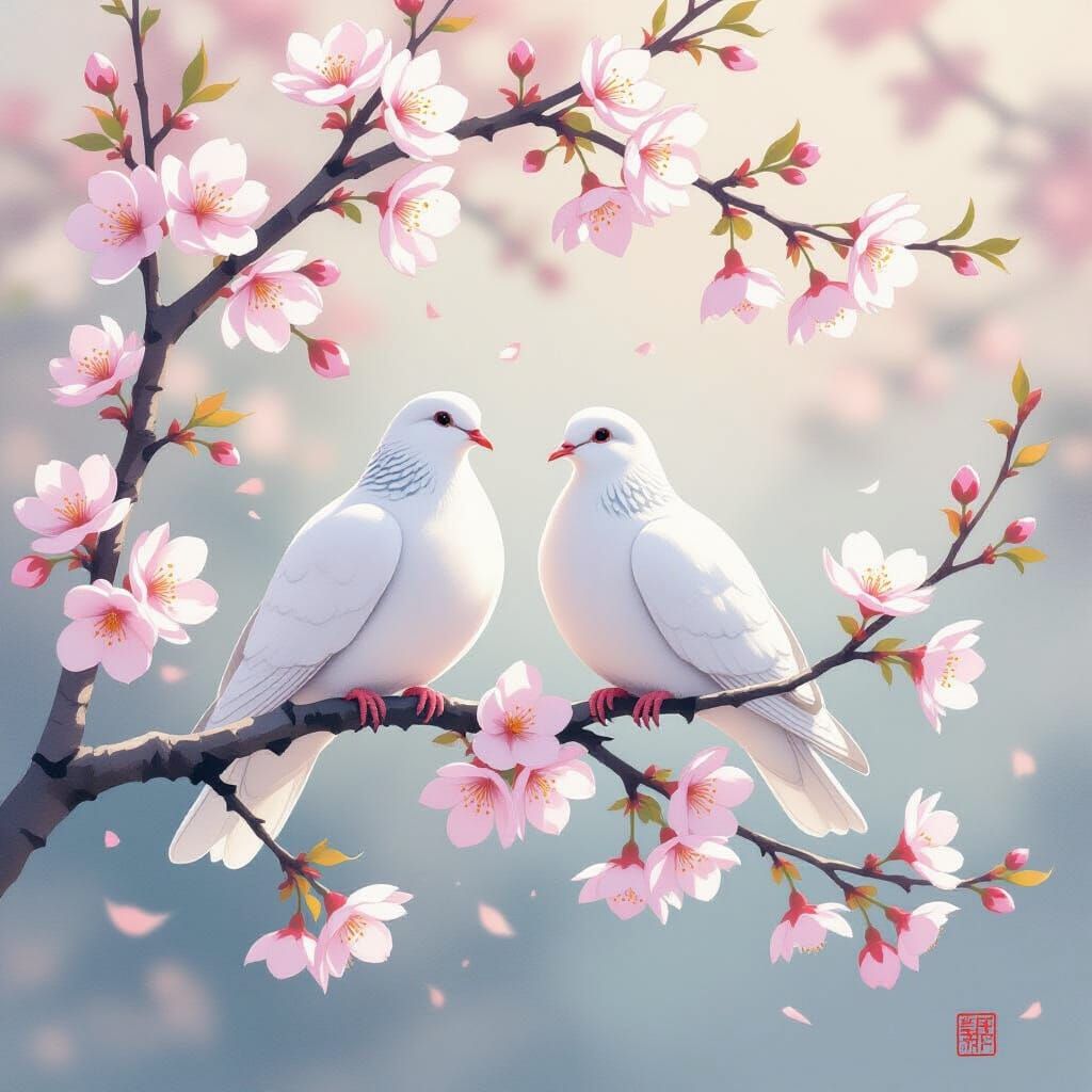 Doves on Cherry Blossoms in Soft Morning Light