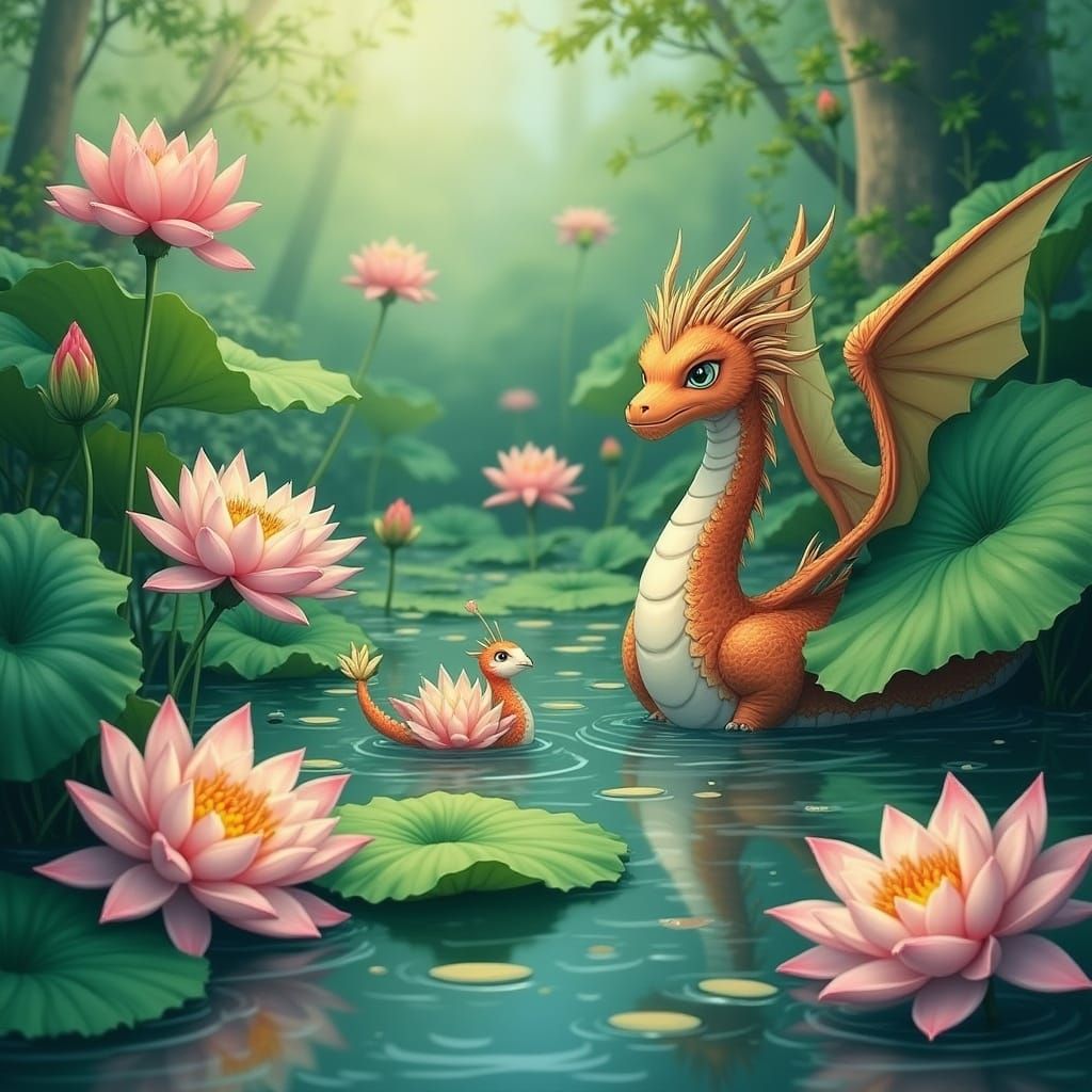 Dragon and Phoenix in Lotus Pond, Watercolor Style