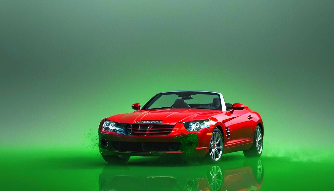 A bright red chrysler crossfire on a greenscreen background.