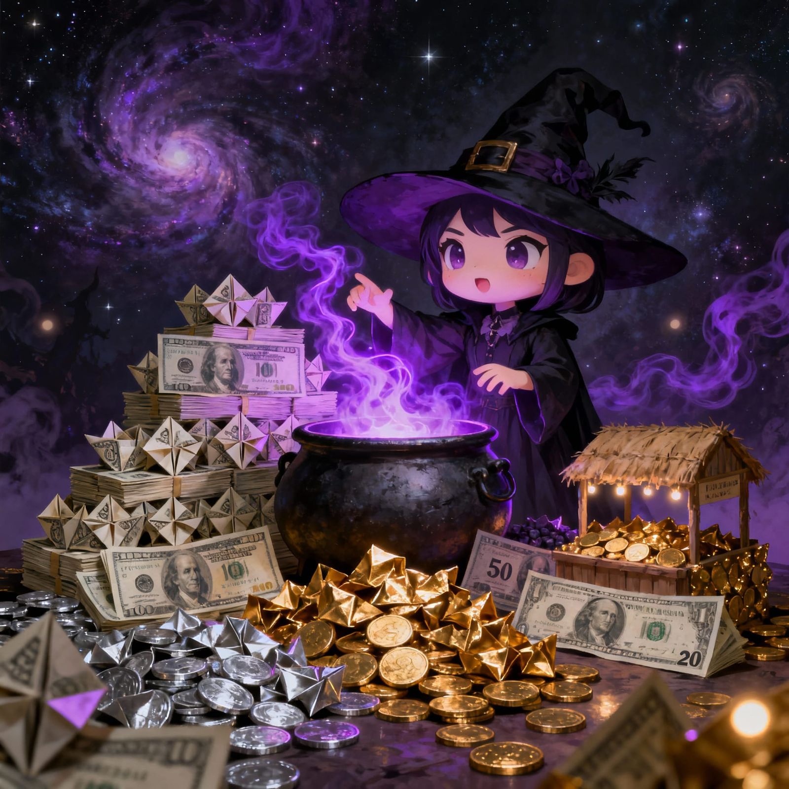 Chibi Witch Spellcasting from Dollar Bill Cauldron