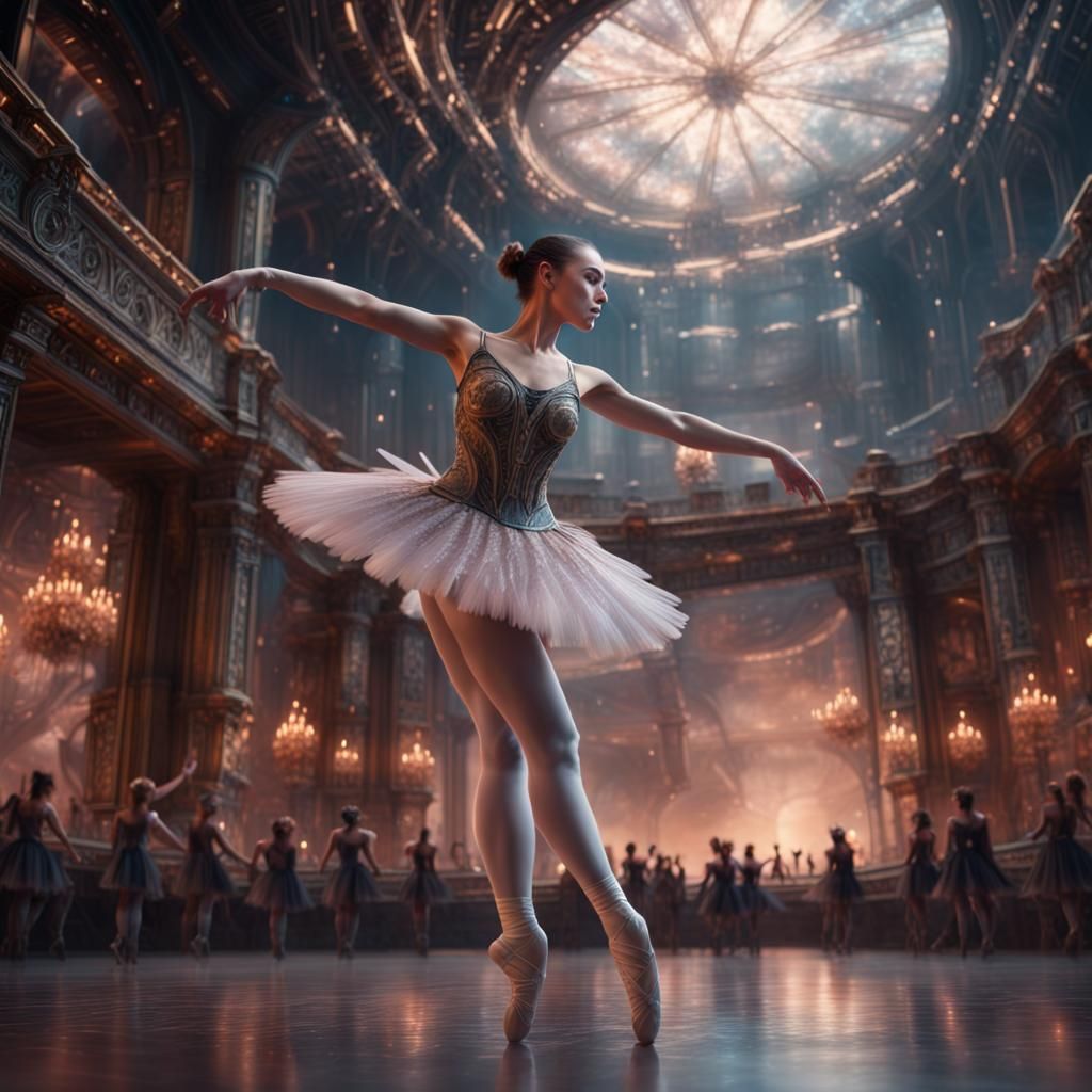 Cybernetic Ballerina on Star Stage: Digital Art