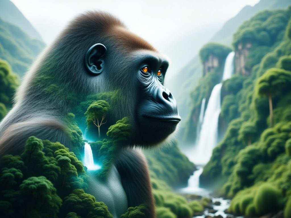 Majestic Gorilla Double Exposure in Lush Jungle