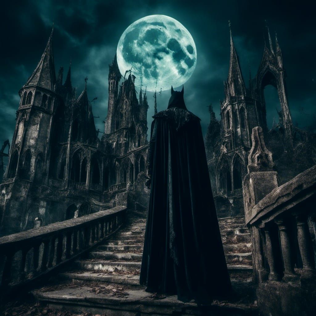Vampire standing on a gothic castle balcony at night