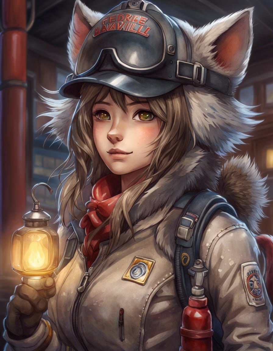 Anime Wolf Girl Firefighter Watercolor Portrait