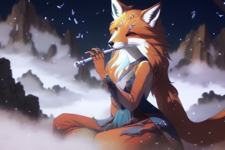 Fox's Moonlit Flute Serenade in Fantasy Style