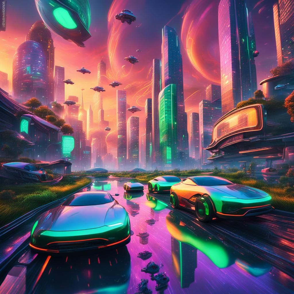 Futuristic Cityscape with Neon Lights and Flying Cars