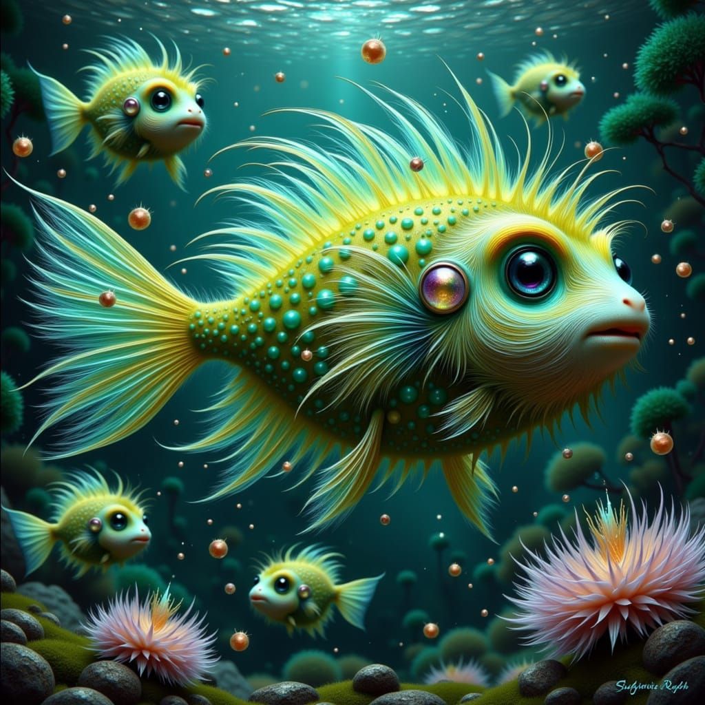 Surreal Aquarium with Chartreuse Fish, Futuristic Style