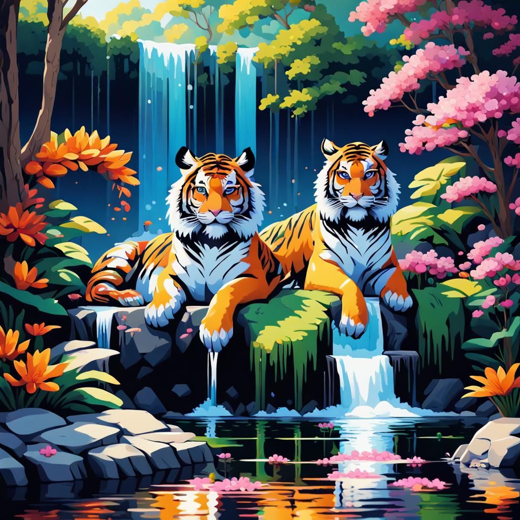 8-Bit Waterfall Scene with Tigers and Exotic Birds