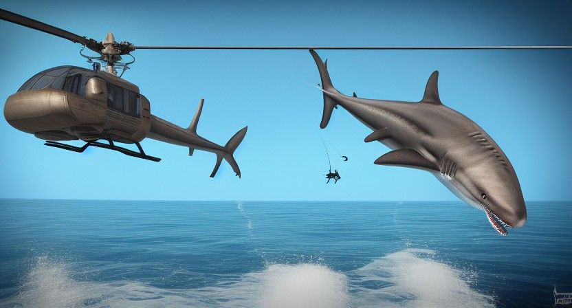 Helicopter Shark Fishing from Airship Over Ocean